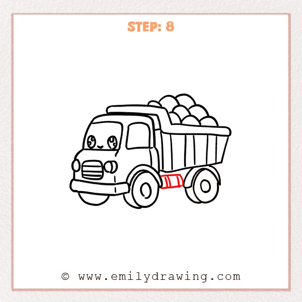 how to draw a dump truck - Step 8 adds a small rounded rectangular chassis detail beneath the dump truck, between the front and rear wheels, with simple vertical section lines.